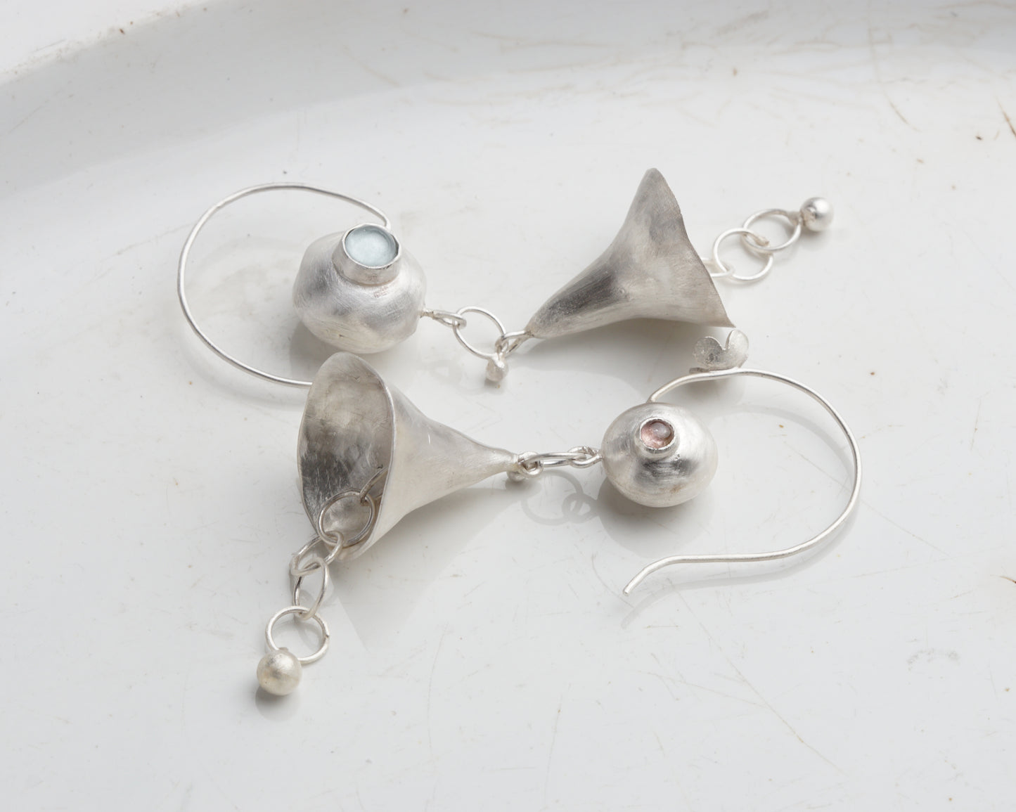 Silver Bellflower Gemstone Drop Earrings