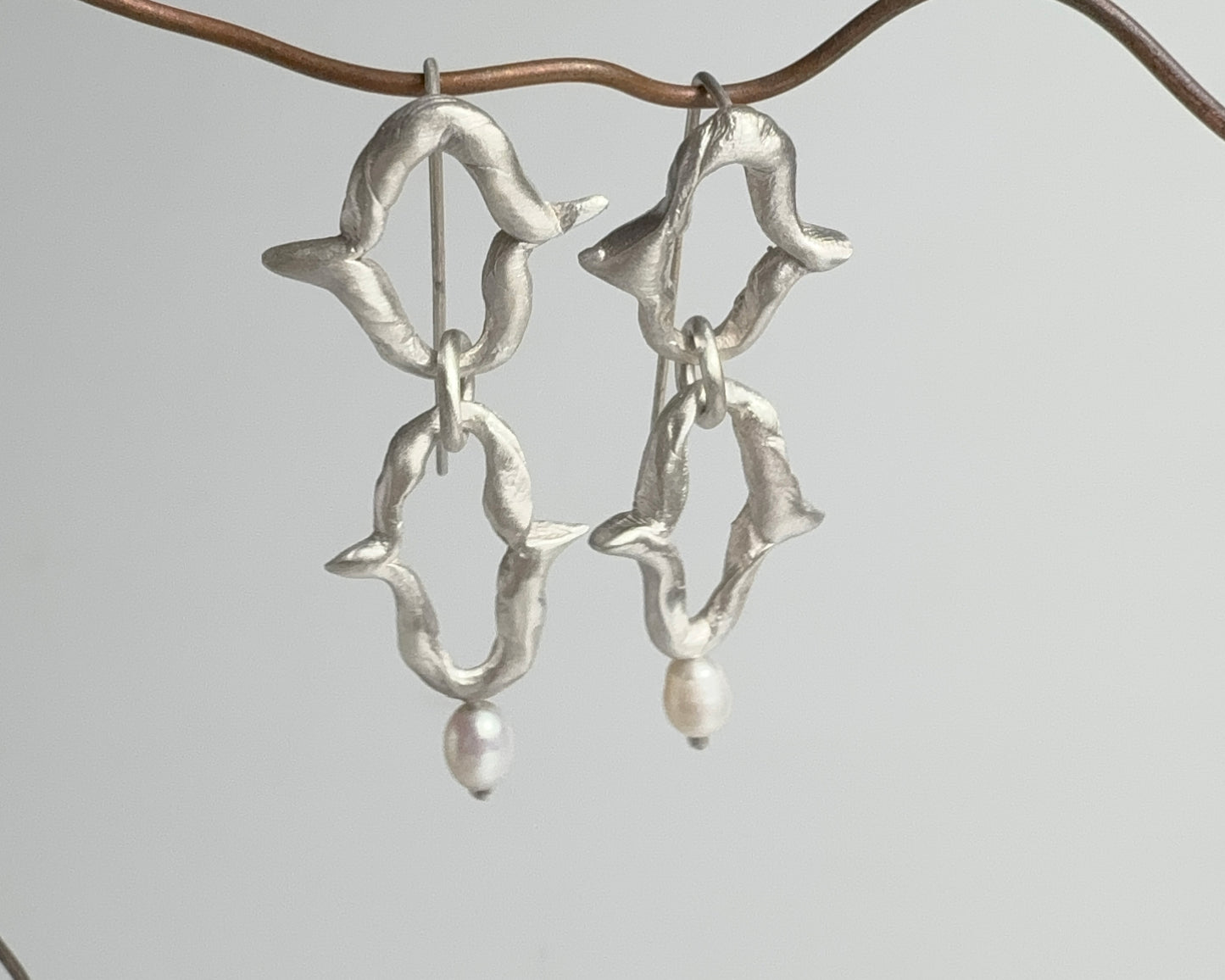Organic Silver Link Earrings with Pearl Accent