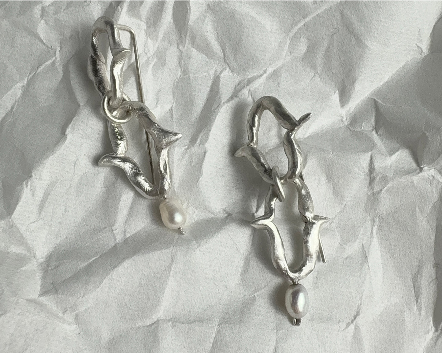Organic Silver Link Earrings with Pearl Accent