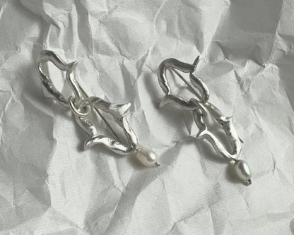 Organic Silver Link Earrings with Pearl Accent