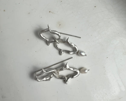 Organic Silver Link Earrings with Pearl Accent