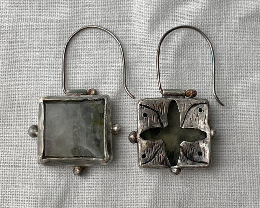 Prehnite Square Drop Earrings in Oxidized Sterling Silver