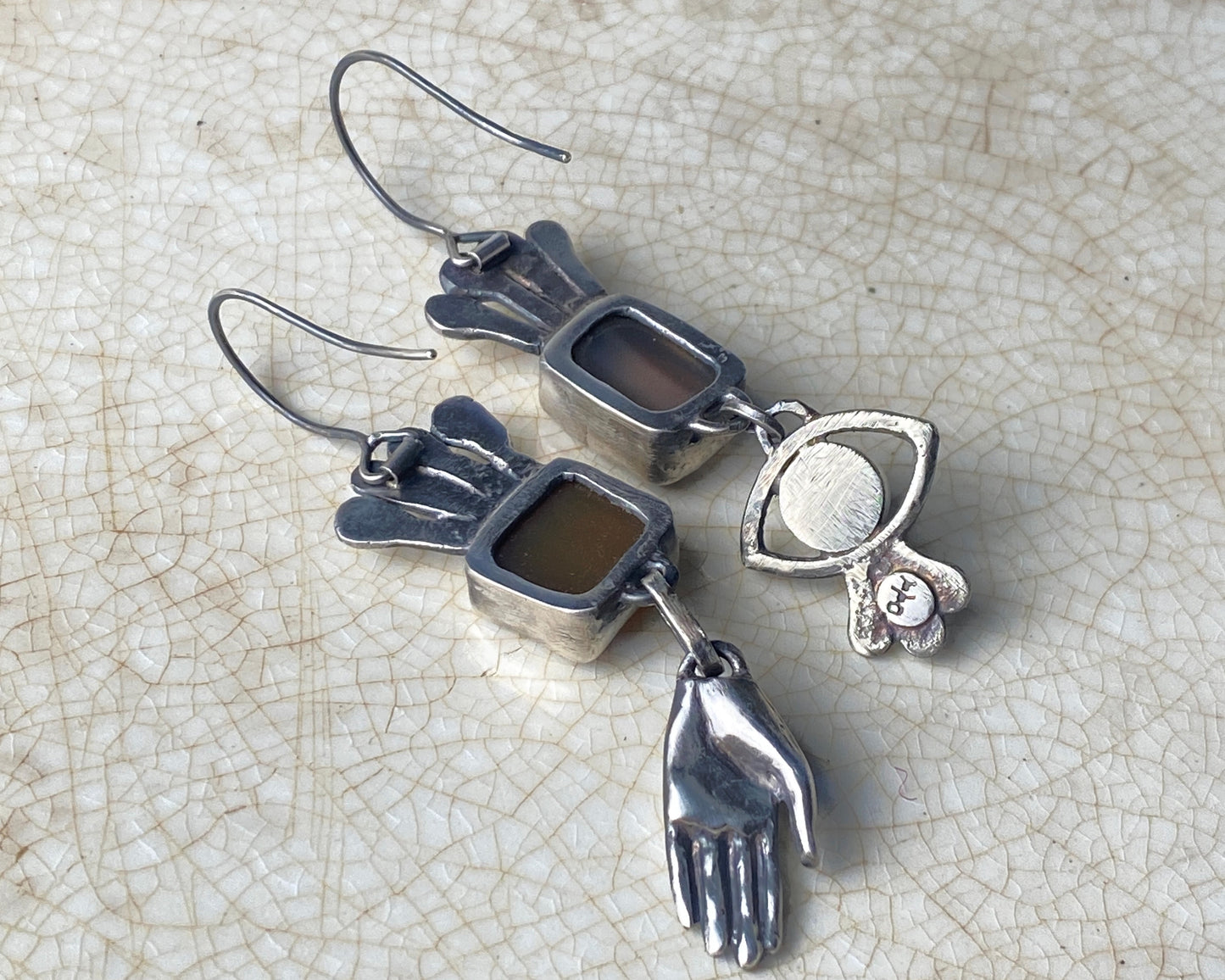 Handcrafted Silver Earrings with Chalcedony, Jade, and Black Agate