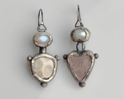 Ethereal Hearts: Pearl & Beryl Drop Earrings