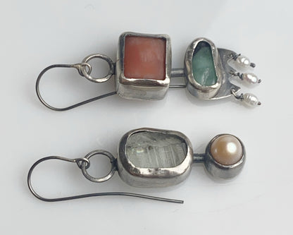 Handcrafted Silver Earrings with Chalcedony, Jade, Prasiolite, and Pearl