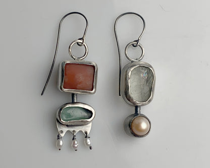 Handcrafted Silver Earrings with Chalcedony, Jade, Prasiolite, and Pearl