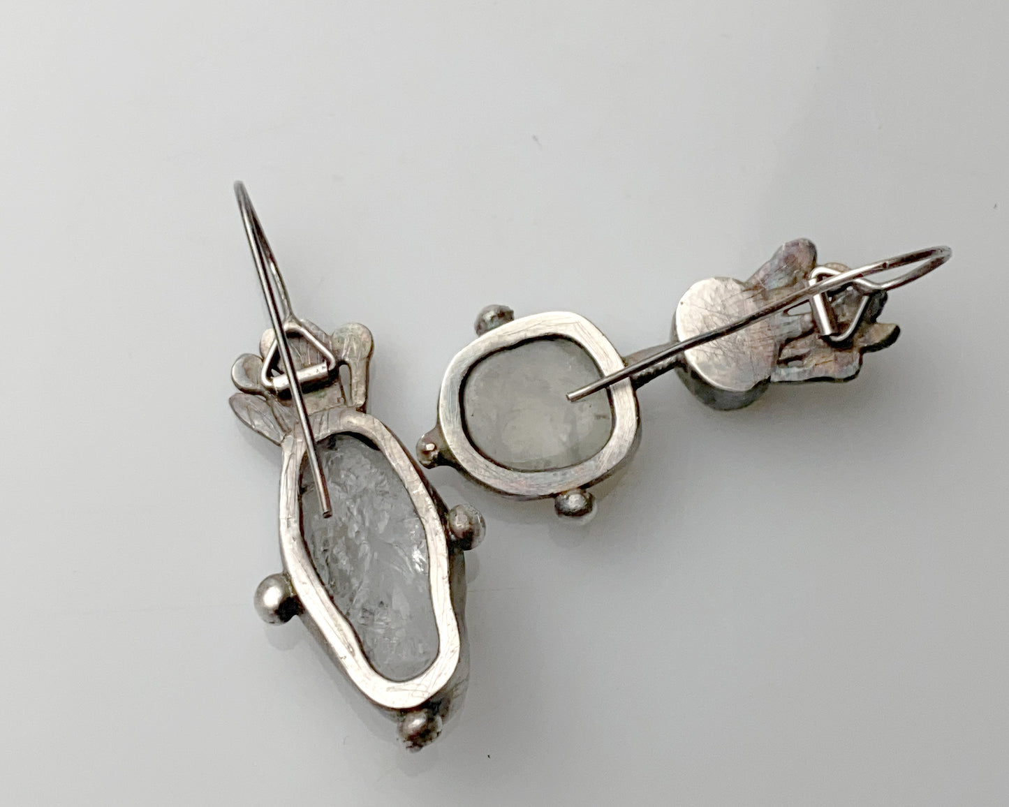 Asymmetrical Oxidized Silver Ava Earrings with Raw Aquamarine, Prehnite and Labradorite