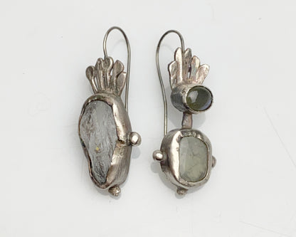 Asymmetrical Oxidized Silver Ava Earrings with Raw Aquamarine, Prehnite and Labradorite