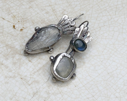 Asymmetrical Oxidized Silver Ava Earrings with Raw Aquamarine, Prehnite and Labradorite