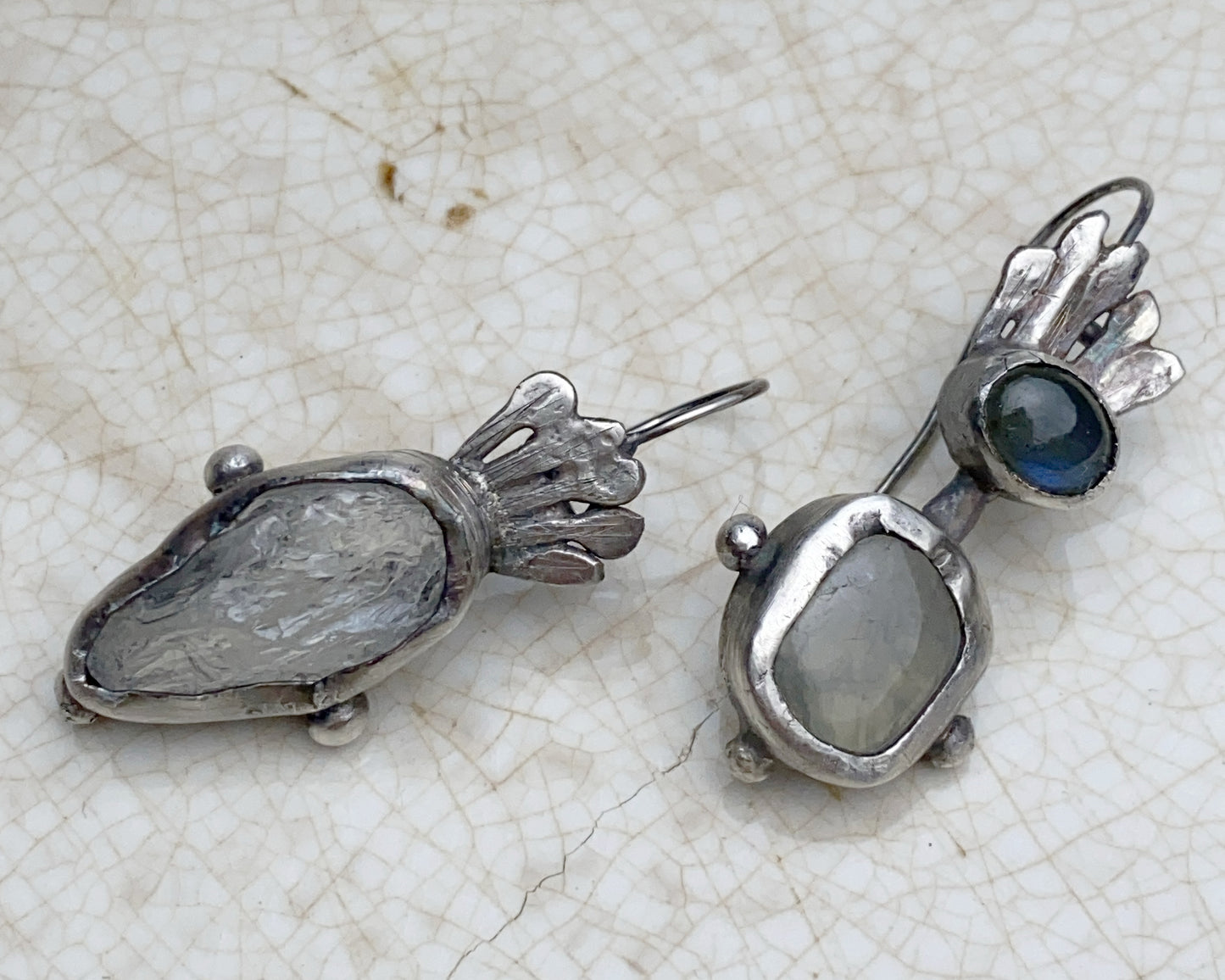 Asymmetrical Oxidized Silver Ava Earrings with Raw Aquamarine, Prehnite and Labradorite