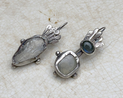 Asymmetrical Oxidized Silver Ava Earrings with Raw Aquamarine, Prehnite and Labradorite