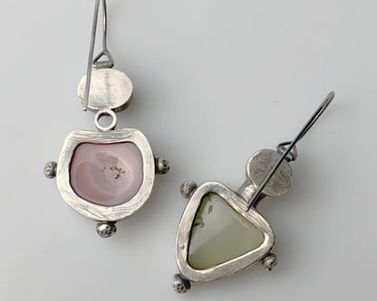 Strawberry Quartz, Agate, Pearl & Prehnite Silver Earrings