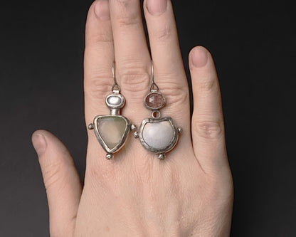 Strawberry Quartz, Agate, Pearl & Prehnite Silver Earrings