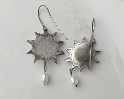 Silver Sun Earrings with Pink Quartz and Carnelian