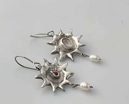 Silver Sun Earrings with Pink Quartz and Carnelian