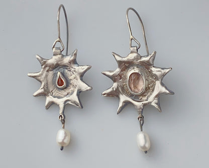 Silver Sun Earrings with Pink Quartz and Carnelian