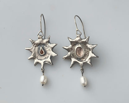 Silver Sun Earrings with Pink Quartz and Carnelian