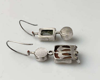 Moss Agate, Sapphire, Pearl & Chalcedony Silver Asymmetric Earrings