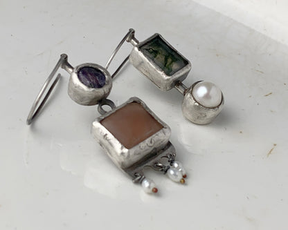 Moss Agate, Sapphire, Pearl & Chalcedony Silver Asymmetric Earrings