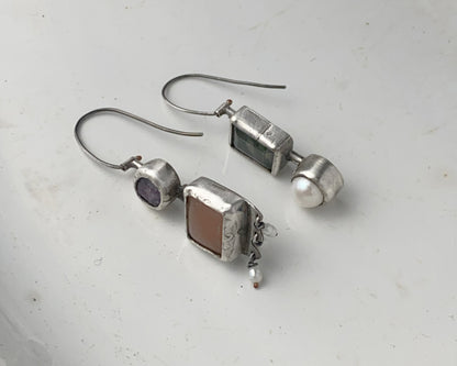 Moss Agate, Sapphire, Pearl & Chalcedony Silver Asymmetric Earrings