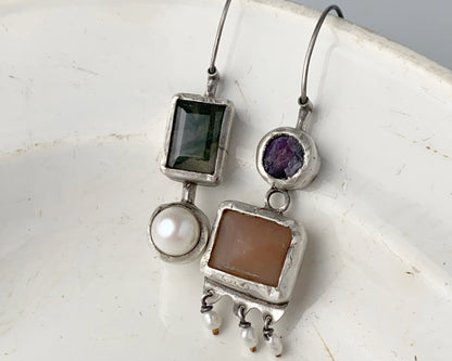 Moss Agate, Sapphire, Pearl & Chalcedony Silver Asymmetric Earrings
