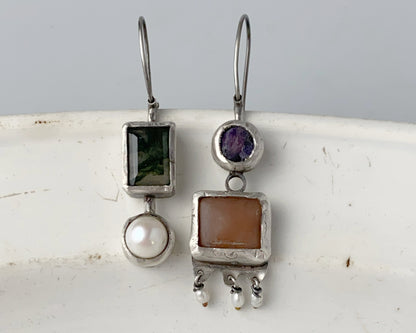 Moss Agate, Sapphire, Pearl & Chalcedony Silver Asymmetric Earrings