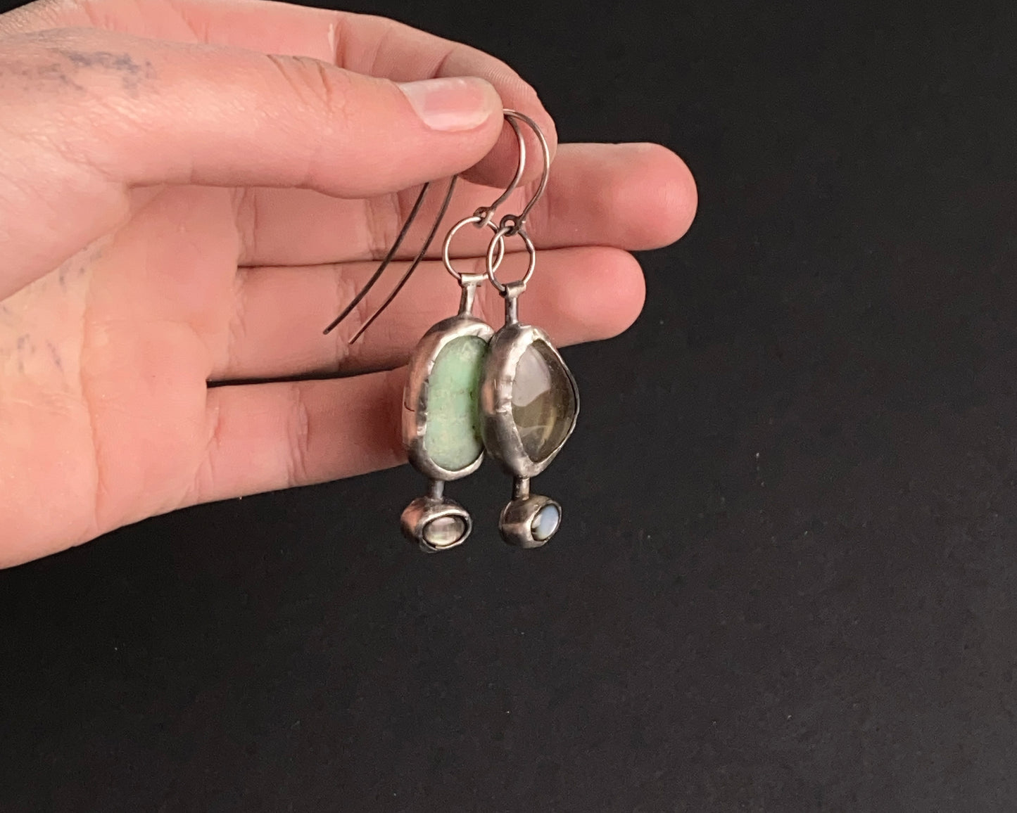 Asymmetrical Sterling Silver Earrings with Black Abalone Shell, Lemon Quartz & Chrysoprase