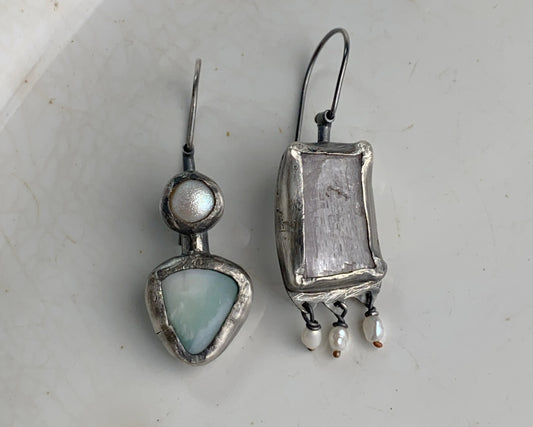 Rose Quartz,Pearl, and Chrysoprase Mismatched Dangle Earrings