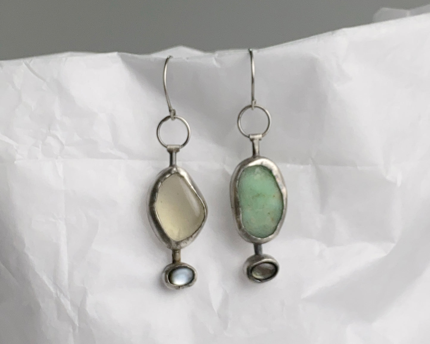 Asymmetrical Sterling Silver Earrings with Black Abalone Shell, Lemon Quartz & Chrysoprase