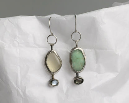 Asymmetrical Sterling Silver Earrings with Black Abalone Shell, Lemon Quartz & Chrysoprase