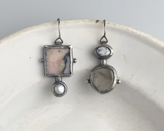 Howlite Quartz Pink Agate Pearl Asymmetrical Silver Earrings