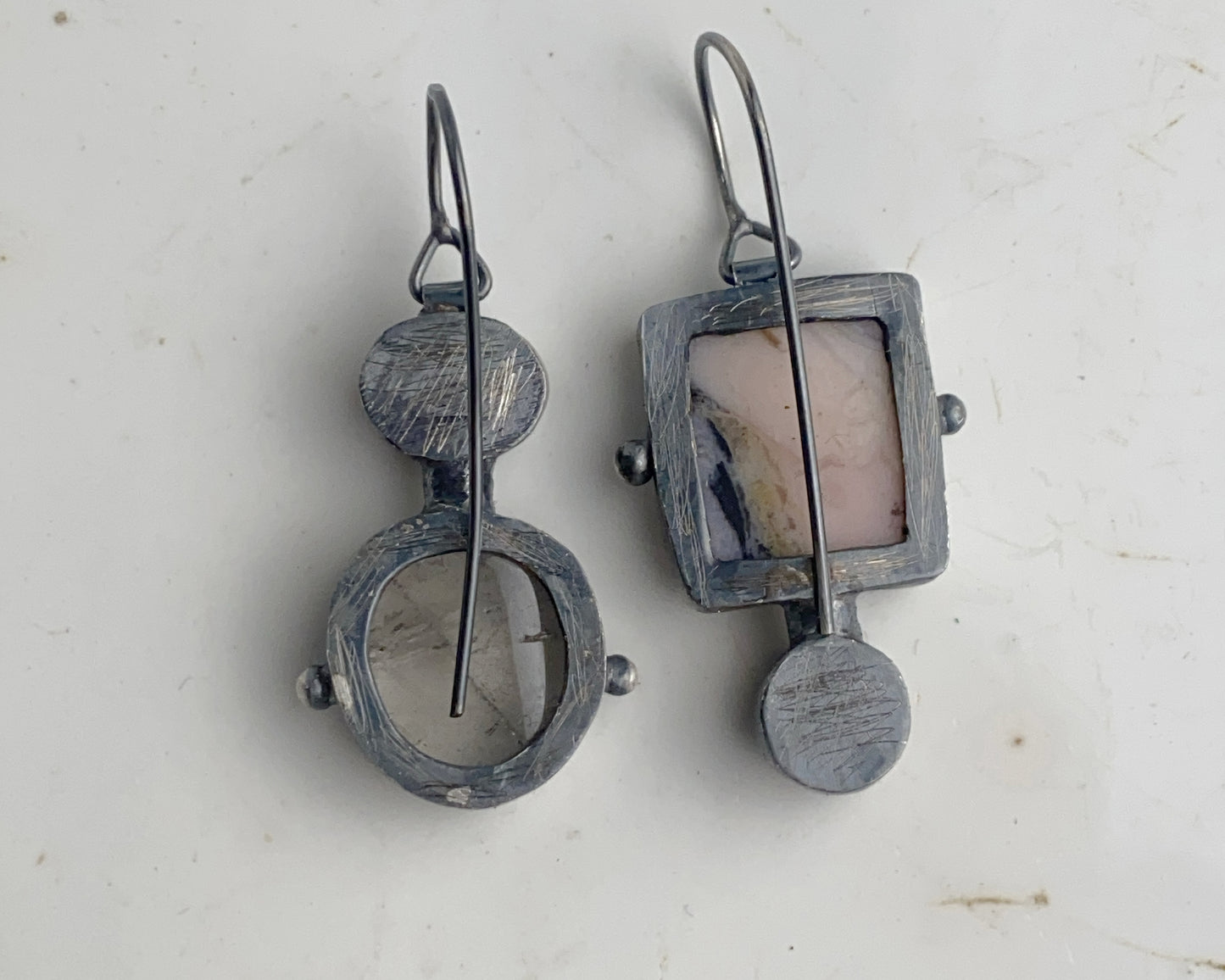 Howlite Quartz Pink Agate Pearl Asymmetrical Silver Earrings