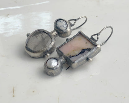 Howlite Quartz Pink Agate Pearl Asymmetrical Silver Earrings