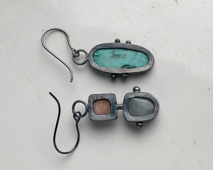 Summer Handcrafted Opal, Aquamarine & Turquoise Oxidized Silver Mismatched Earrings