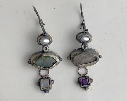 Mismatched Earrings with Aquamarine, Moonstone, Pearl, Rose Quartz & Amethyst
