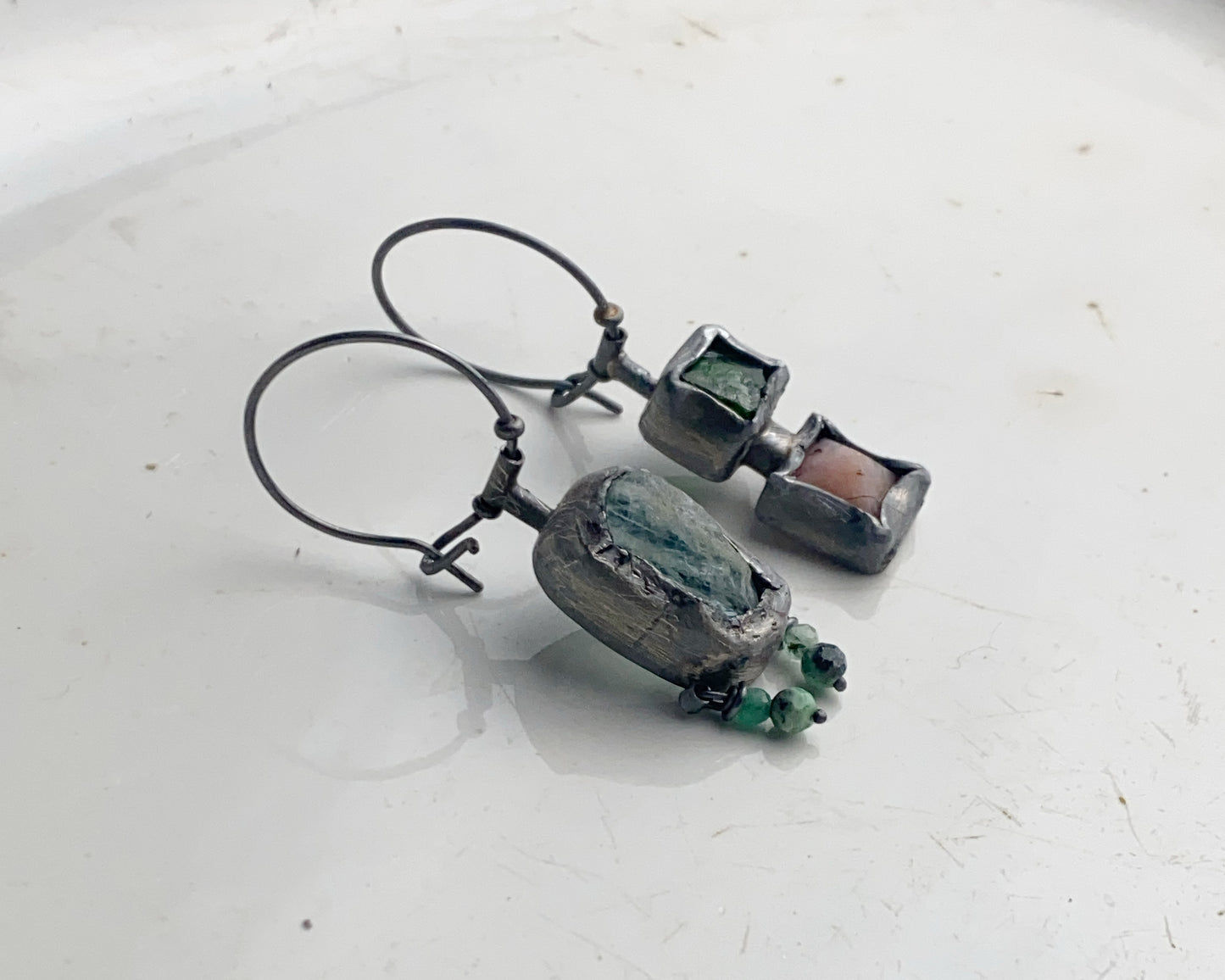 Asymmetrical Earrings with Aquamarine, Emerald, Chrome Diopside, and Pink Opal