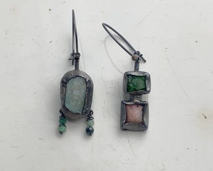 Asymmetrical Earrings with Aquamarine, Emerald, Chrome Diopside, and Pink Opal