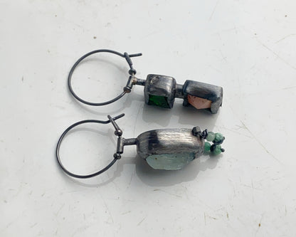 Asymmetrical Earrings with Aquamarine, Emerald, Chrome Diopside, and Pink Opal