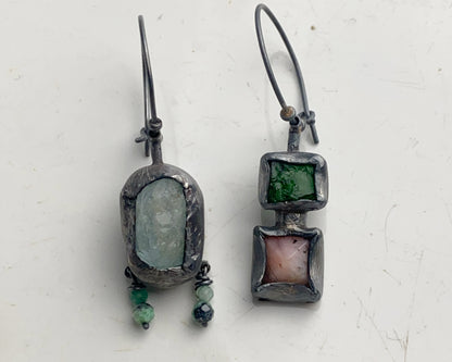 Asymmetrical Earrings with Aquamarine, Emerald, Chrome Diopside, and Pink Opal