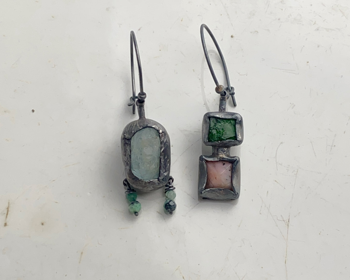 Asymmetrical Earrings with Aquamarine, Emerald, Chrome Diopside, and Pink Opal