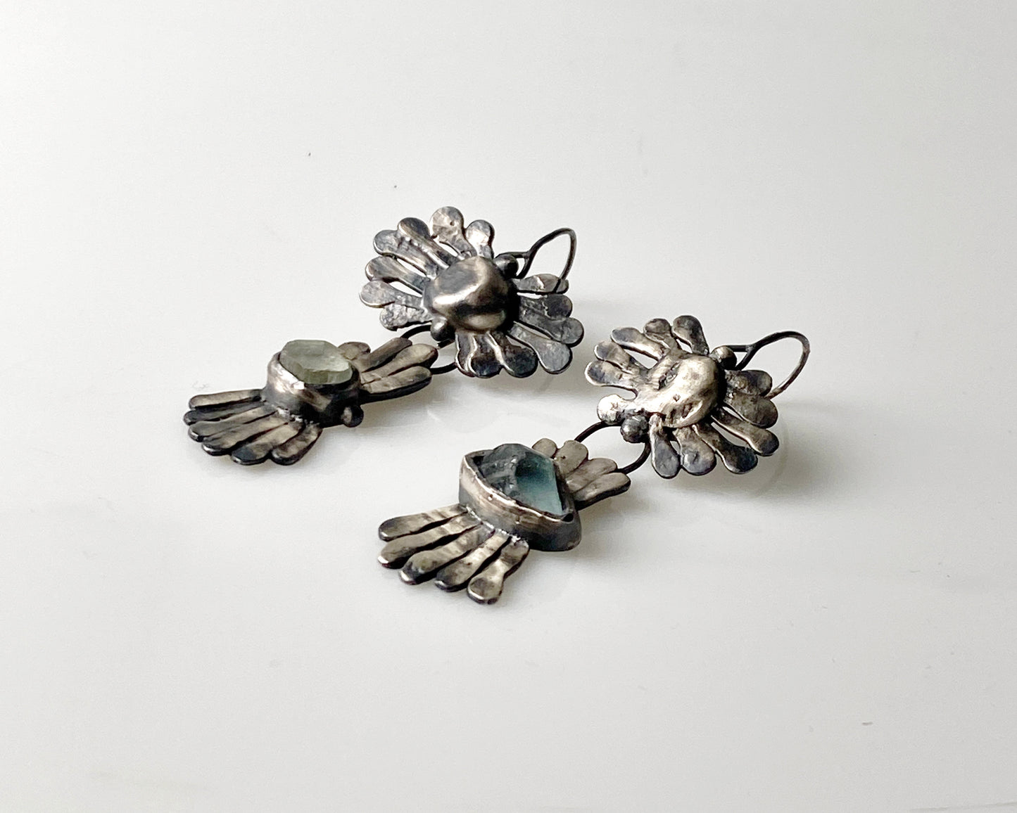 Handcrafted Silver Flower Earrings with Aquamarine and Blue Topaz