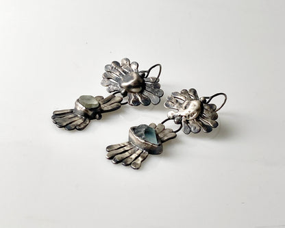 Handcrafted Silver Flower Earrings with Aquamarine and Blue Topaz