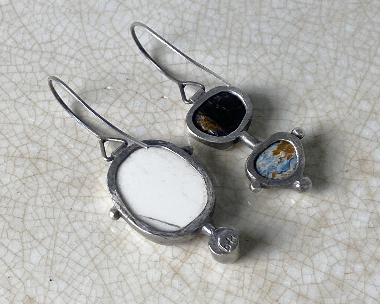 Asymmetrical Earrings with Pietersite, Citrine, and Vintage Ceramic