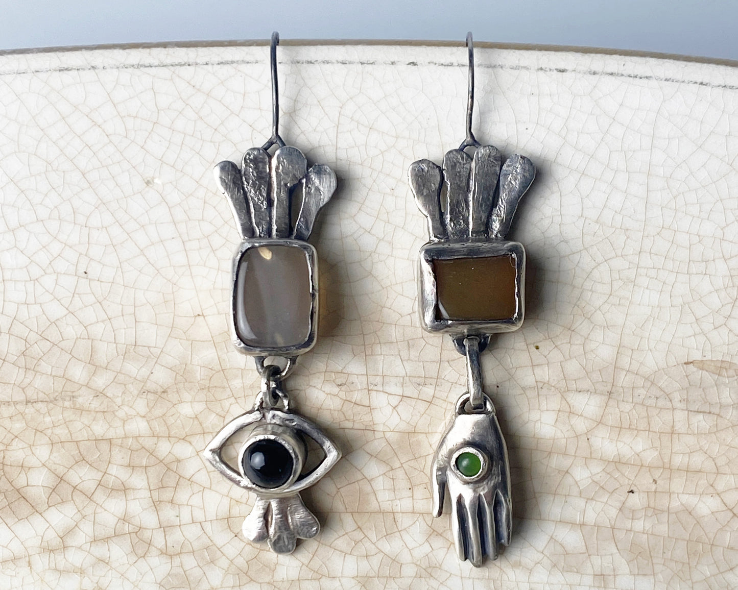 Handcrafted Silver Earrings with Chalcedony, Jade, and Black Agate