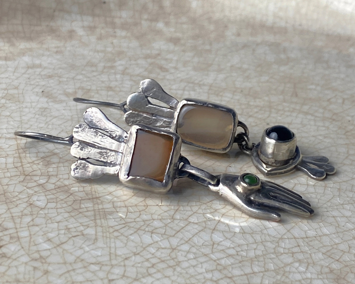 Handcrafted Silver Earrings with Chalcedony, Jade, and Black Agate