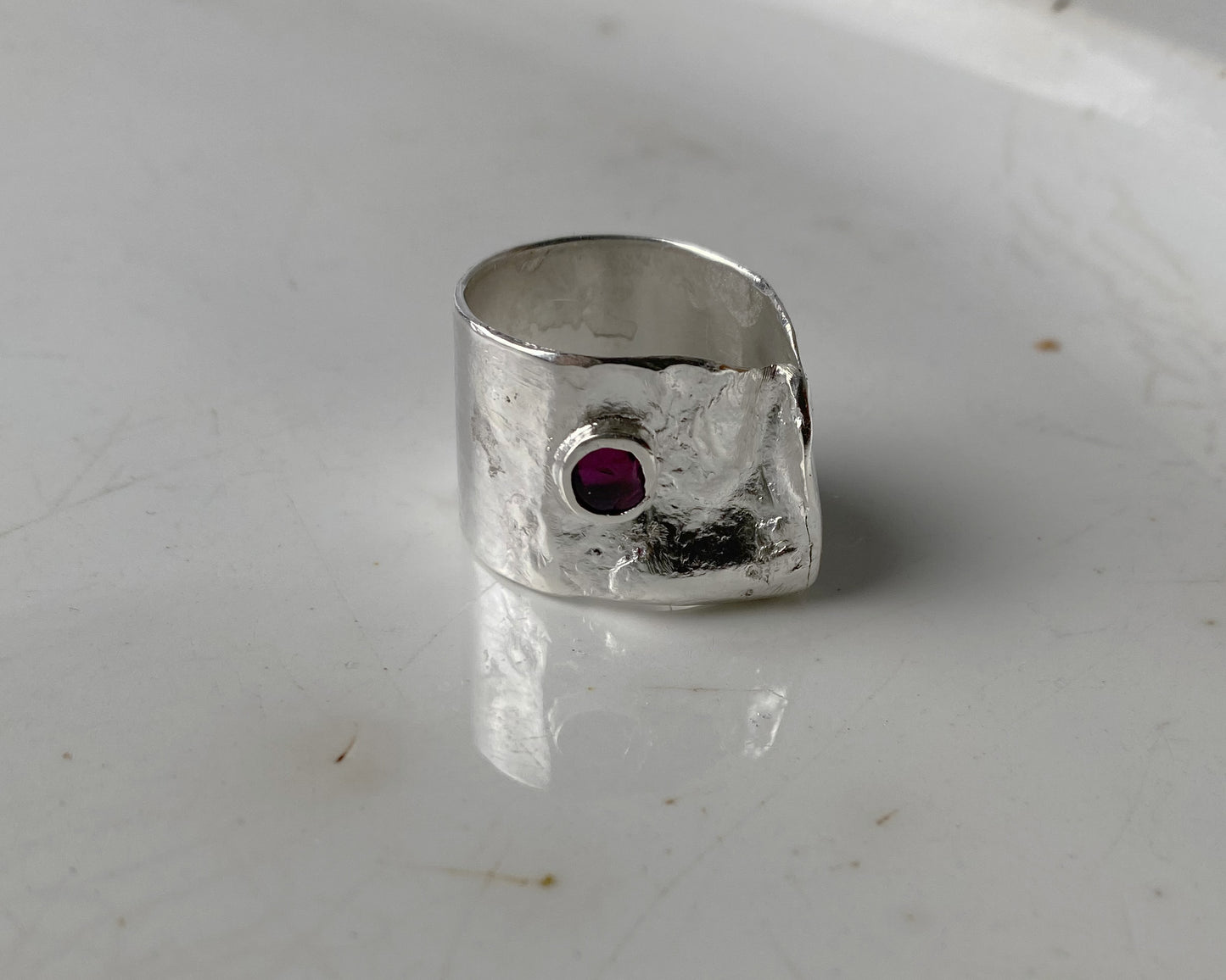 Handcrafted Wide Band Sterling Silver Ring with Bezel-Set Garnet