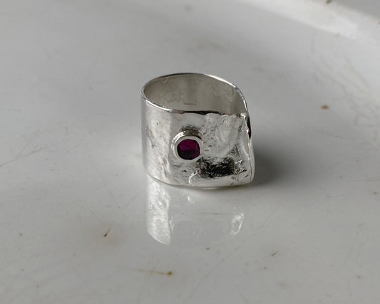 Handcrafted Wide Band Sterling Silver Ring with Bezel-Set Garnet