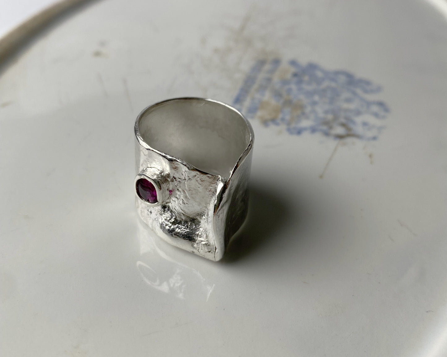 Handcrafted Wide Band Sterling Silver Ring with Bezel-Set Garnet