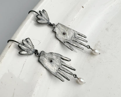 Sterling Silver Hand Earrings with Ruby and Pearl