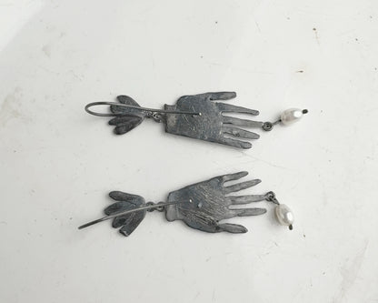 Sterling Silver Hand Earrings with Ruby and Pearl